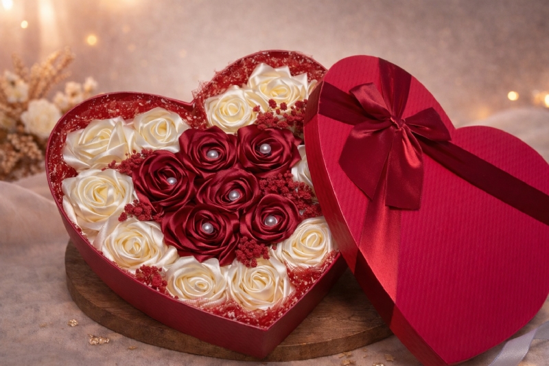 Dhurate Romantike e Personalizuar, Zemer Dashurie me 17 Lule Saten nga KONFETAT E ARTA, konfeta moderne per martese ne Tirane, dhurata simbolike per ceremoni, kartolina artizanale me dedikim, paketime elegante per fejesa, sete dekorative per evente