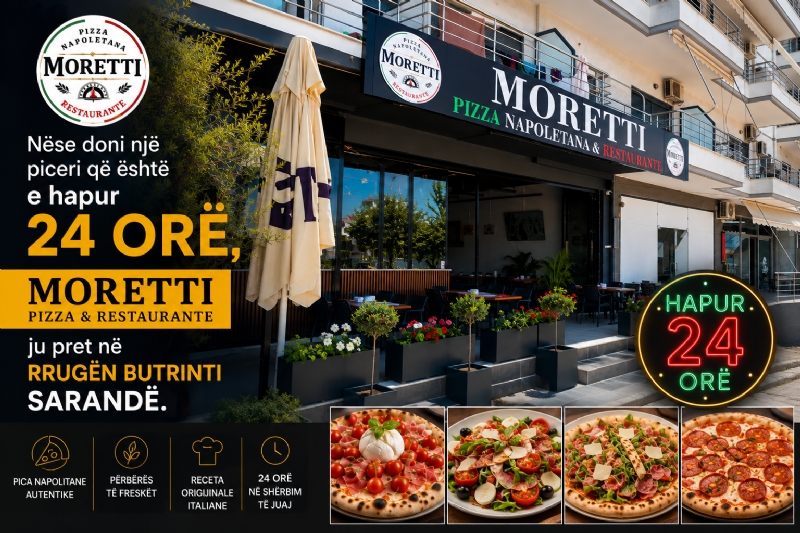 Nëse doni një piceri që është e hapur 24 Orë, Moretti Pizza & Restaurante ju pret në Rrugën Butrinti Sarandë.