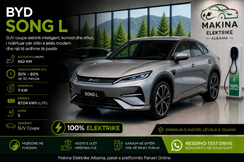 BYD SONG L, makinë elektrike SUV coupe me dizajn sportiv dhe performancë të lartë, ideale për përdorim të përditshëm, klientë premium, biznes dhe udhëtime me stil dhe komfort maksimal.