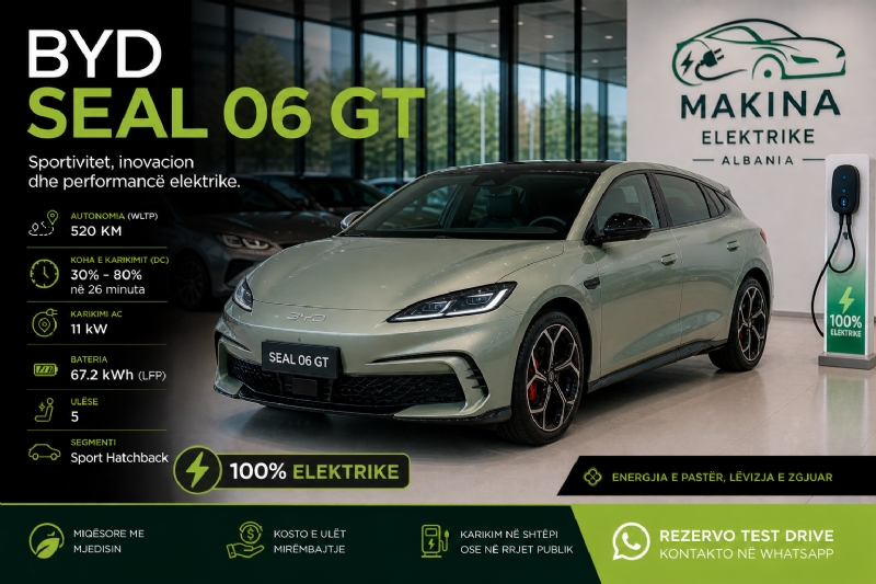 BYD SEAL 06 GT, makinë elektrike sportive me performancë të lartë dhe dizajn modern, ideale për përdorim të përditshëm, klientë që kërkojnë shpejtësi, stil dhe teknologji të avancuar.